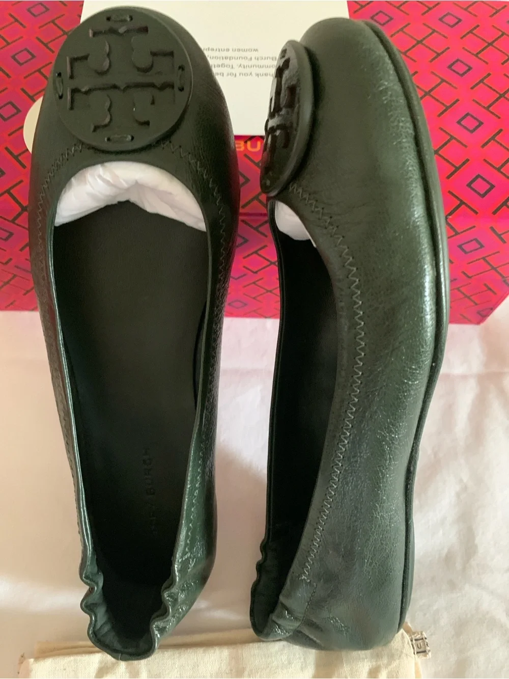 Tory Burch Dark Green Leather Logo Ballet Flats